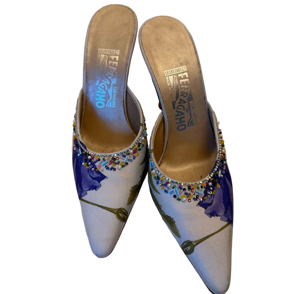 Salvatore Ferragamo Purple and Gray Floral Mules